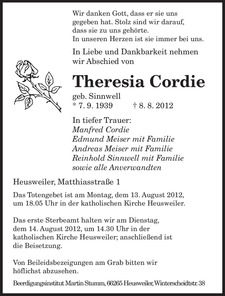  Traueranzeige für Theresia Cordie vom 11.08.2012 aus SAARBRÜCKER ZEITUNG