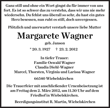 Traueranzeige von Margarete Wagner von SAARBRÜCKER ZEITUNG