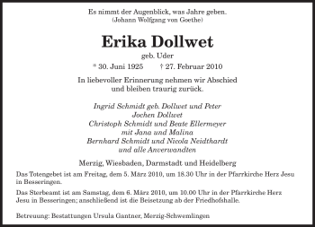 Traueranzeige von Erika Dollwet von SAARBRÜCKER ZEITUNG