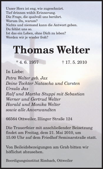 Traueranzeige von Thomas Welter von SAARBRÜCKER ZEITUNG