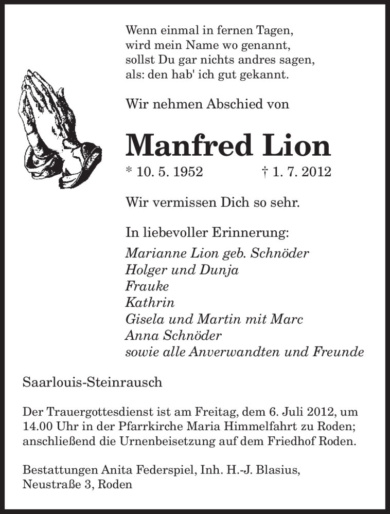  Traueranzeige für Manfred Lion vom 03.07.2012 aus SAARBRÜCKER ZEITUNG