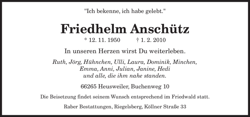  Traueranzeige für Friedhelm Anschütz vom 03.02.2010 aus SAARBRÜCKER ZEITUNG