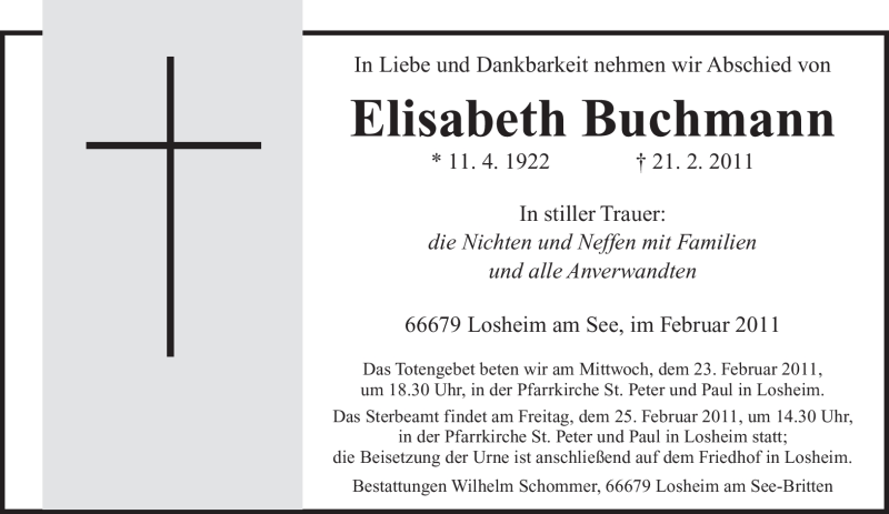  Traueranzeige für Elisabeth Buchmann vom 23.02.2011 aus SAARBRÜCKER ZEITUNG