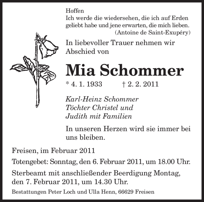  Traueranzeige für Mia Schommer vom 04.02.2011 aus SAARBRÜCKER ZEITUNG