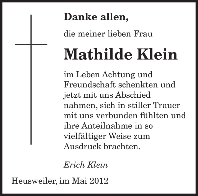  Traueranzeige für Mathilde Klein vom 05.05.2012 aus SAARBRÜCKER ZEITUNG