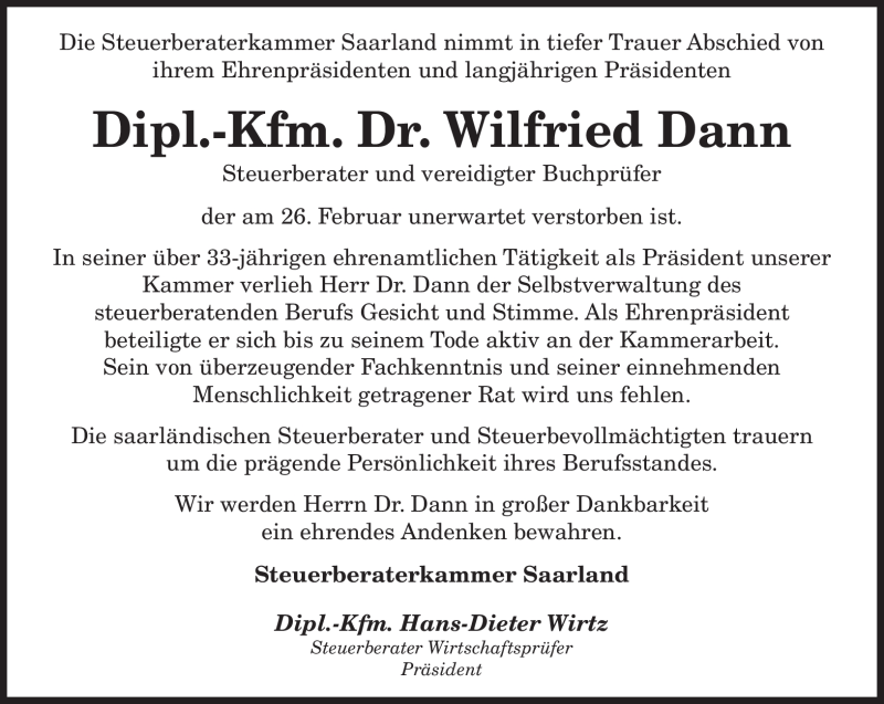  Traueranzeige für Wilfried Dann vom 03.03.2010 aus SAARBRÜCKER ZEITUNG