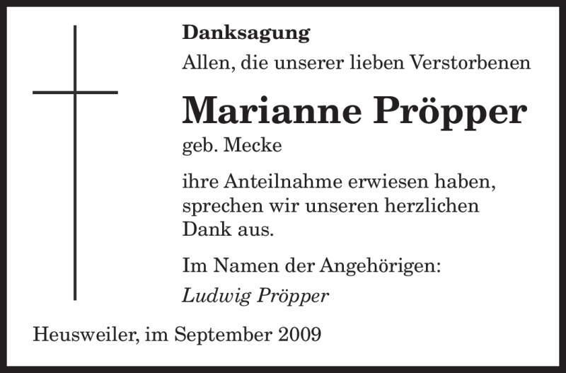  Traueranzeige für Marianne Pröpper vom 15.09.2009 aus SAARBRÜCKER ZEITUNG