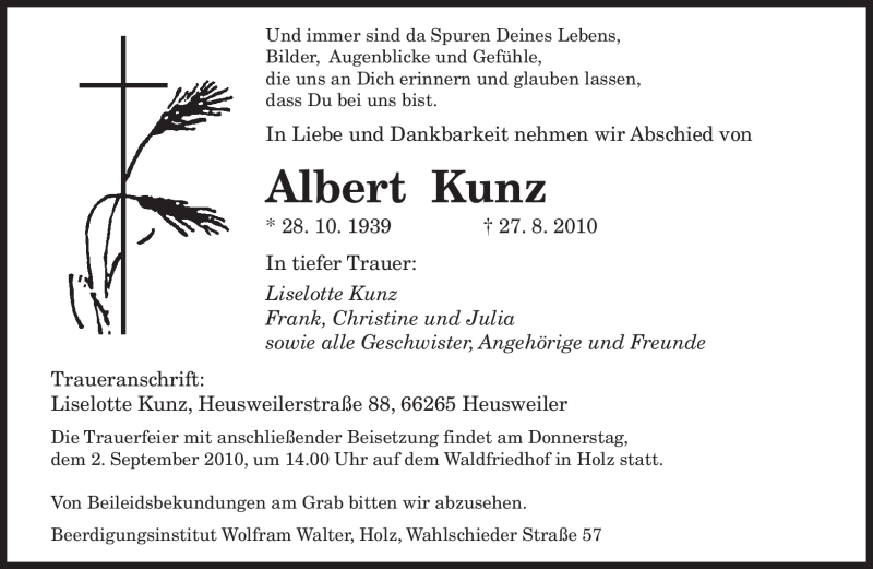  Traueranzeige für Albert Kunz vom 30.08.2010 aus SAARBRÜCKER ZEITUNG