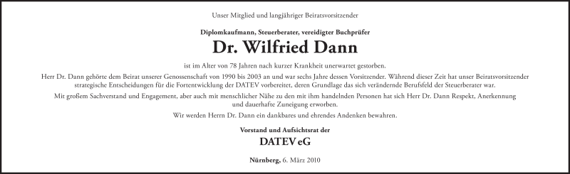  Traueranzeige für Wilfried Dann vom 06.03.2010 aus SAARBRÜCKER ZEITUNG