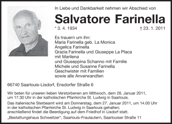 Traueranzeige von Salvatore Farinella von SAARBRÜCKER ZEITUNG