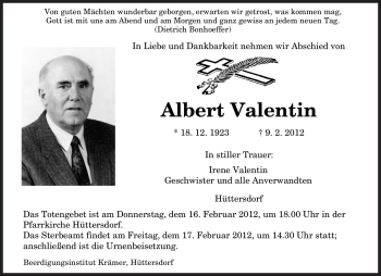 Traueranzeige von Albert Valentin von SAARBRÜCKER ZEITUNG