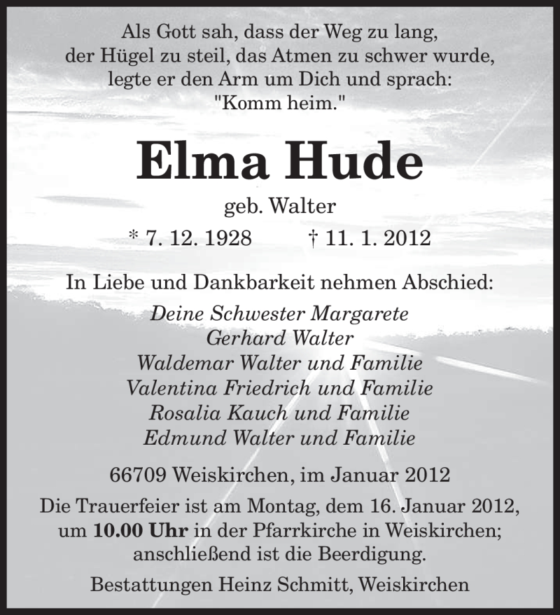  Traueranzeige für Elma Hude vom 13.01.2012 aus SAARBRÜCKER ZEITUNG