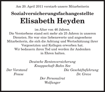 Traueranzeige von Elisabeth Heyden von SAARBRÜCKER ZEITUNG