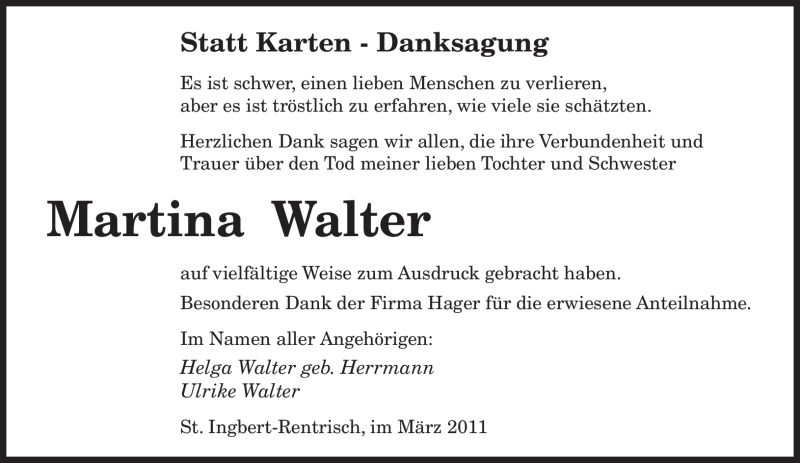  Traueranzeige für Martina Walter vom 19.03.2011 aus SAARBRÜCKER ZEITUNG