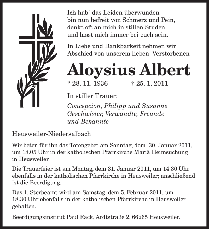  Traueranzeige für Aloysius Albert vom 29.01.2011 aus SAARBRÜCKER ZEITUNG