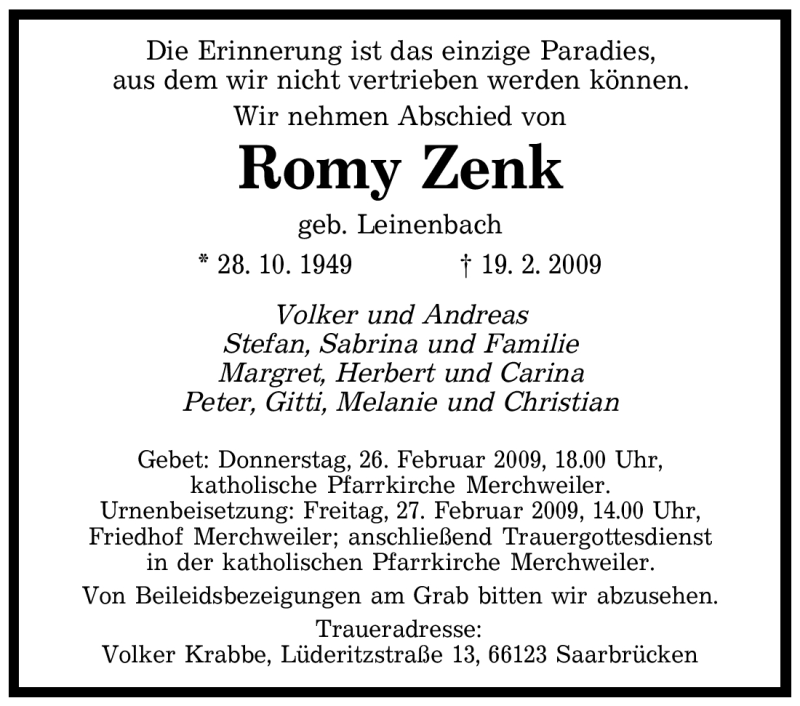  Traueranzeige für Romy Zenk vom 23.02.2009 aus SAARBRÜCKER ZEITUNG