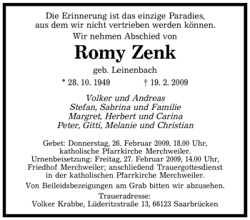 Traueranzeige von Romy Zenk von SAARBRÜCKER ZEITUNG