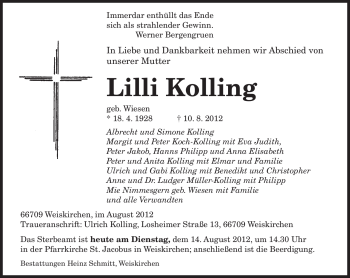 Traueranzeige von Lilli Kolling von SAARBRÜCKER ZEITUNG