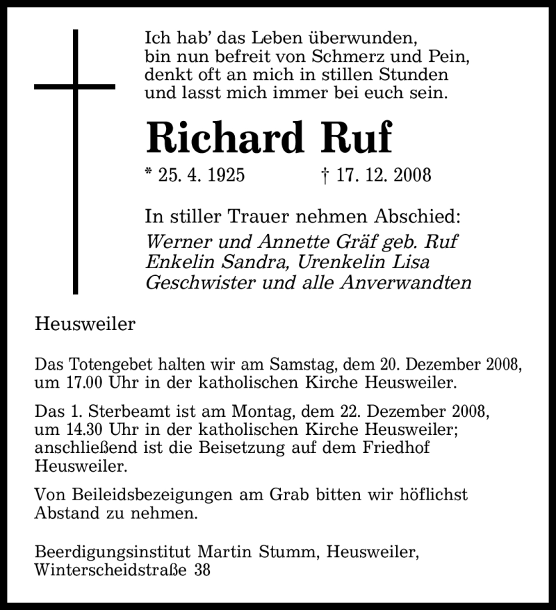  Traueranzeige für Richard Ruf vom 19.12.2008 aus SAARBRÜCKER ZEITUNG