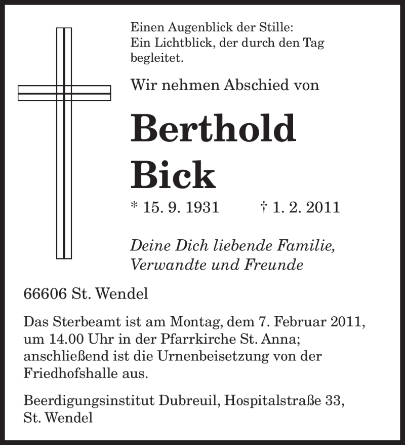  Traueranzeige für Berthold Bick vom 04.02.2011 aus SAARBRÜCKER ZEITUNG