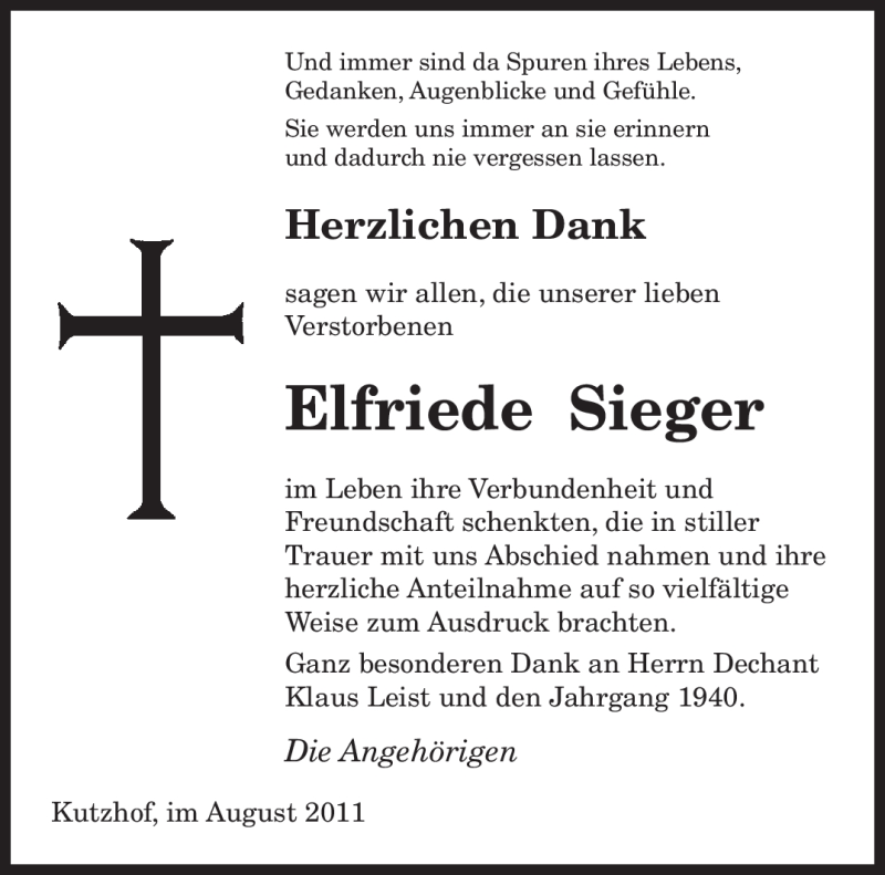  Traueranzeige für Elfriede Sieger vom 10.08.2011 aus SAARBRÜCKER ZEITUNG