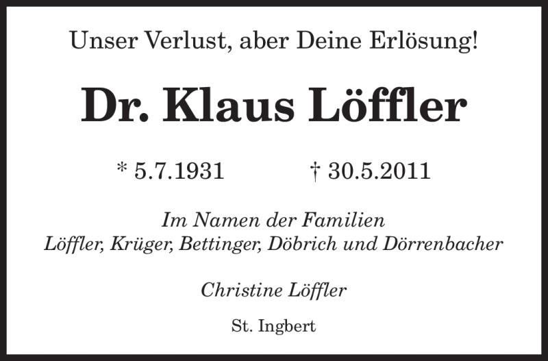  Traueranzeige für Klaus Löffler vom 03.06.2011 aus SAARBRÜCKER ZEITUNG
