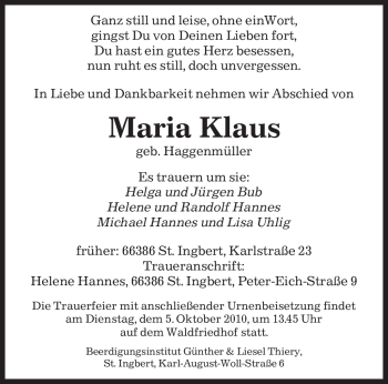 Traueranzeige von Maria Klaus von SAARBRÜCKER ZEITUNG
