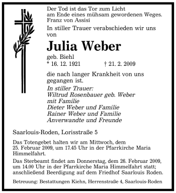 Traueranzeige von Julia Weber von SAARBRÜCKER ZEITUNG