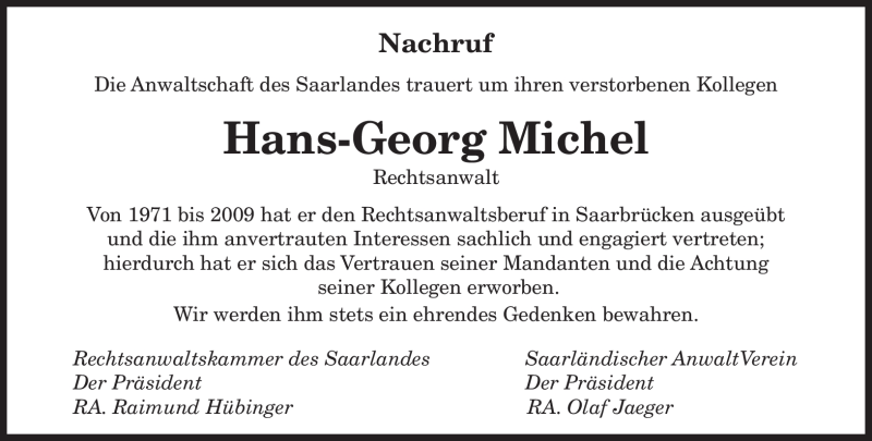  Traueranzeige für Hans-Georg Michel vom 03.03.2012 aus SAARBRÜCKER ZEITUNG