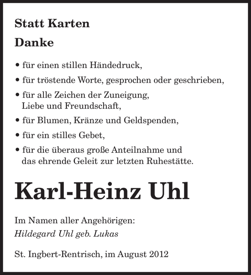Traueranzeigen Von Karl Heinz Uhl Saarbruecker Zeitung Trauer De