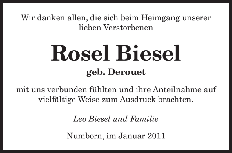  Traueranzeige für Rosel Biesel vom 15.01.2011 aus SAARBRÜCKER ZEITUNG