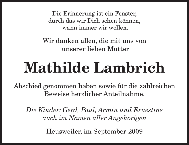  Traueranzeige für Mathilde Lambrich vom 19.09.2009 aus SAARBRÜCKER ZEITUNG