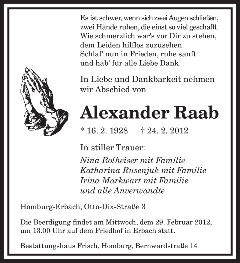  Traueranzeige für Alexander Raab vom 27.02.2012 aus SAARBRÜCKER ZEITUNG