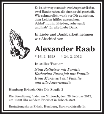 Traueranzeige von Alexander Raab von SAARBRÜCKER ZEITUNG