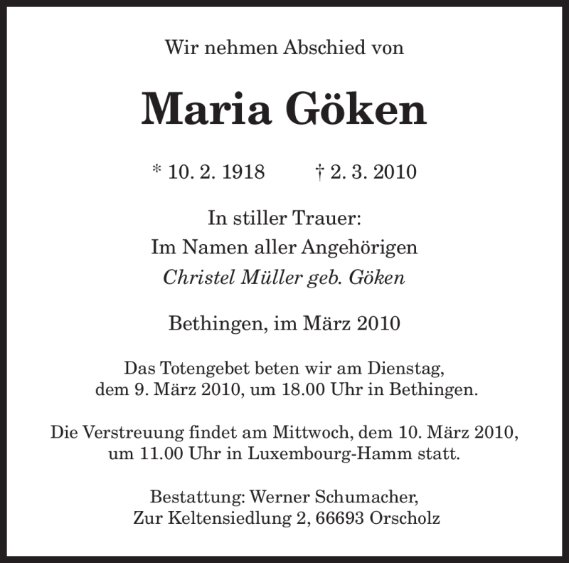  Traueranzeige für Maria Göken vom 06.03.2010 aus SAARBRÜCKER ZEITUNG