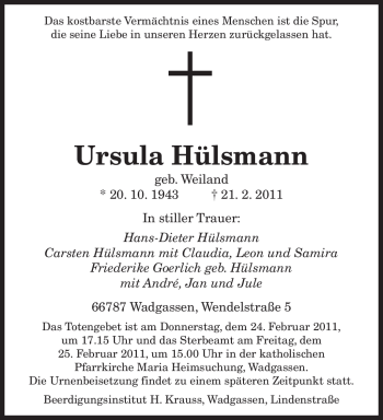 Traueranzeige von Ursula Hülsmann von SAARBRÜCKER ZEITUNG