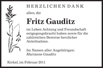 Traueranzeige von Fritz Gauditz von SAARBRÜCKER ZEITUNG