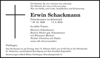 Traueranzeige von Erwin Schackmann von SAARBRÜCKER ZEITUNG