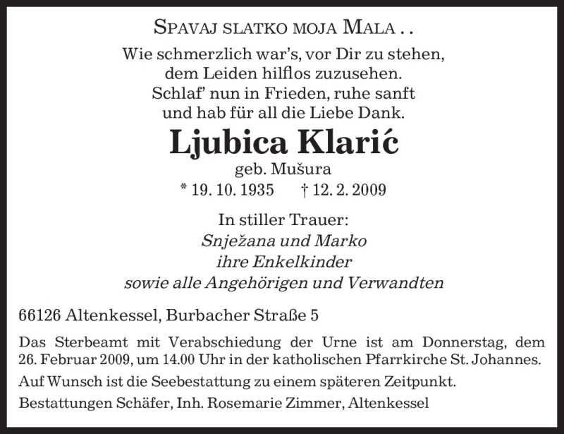  Traueranzeige für Ljubica Klaric vom 21.02.2009 aus SAARBRÜCKER ZEITUNG