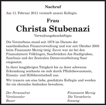 Traueranzeige von Christa Stubenazi von SAARBRÜCKER ZEITUNG