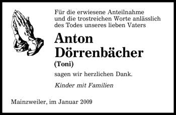 Traueranzeige von Anton Dörrenbächer von SAARBRÜCKER ZEITUNG