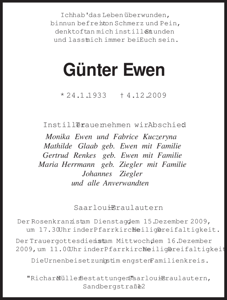  Traueranzeige für Günter Ewen vom 12.12.2009 aus SAARBRÜCKER ZEITUNG