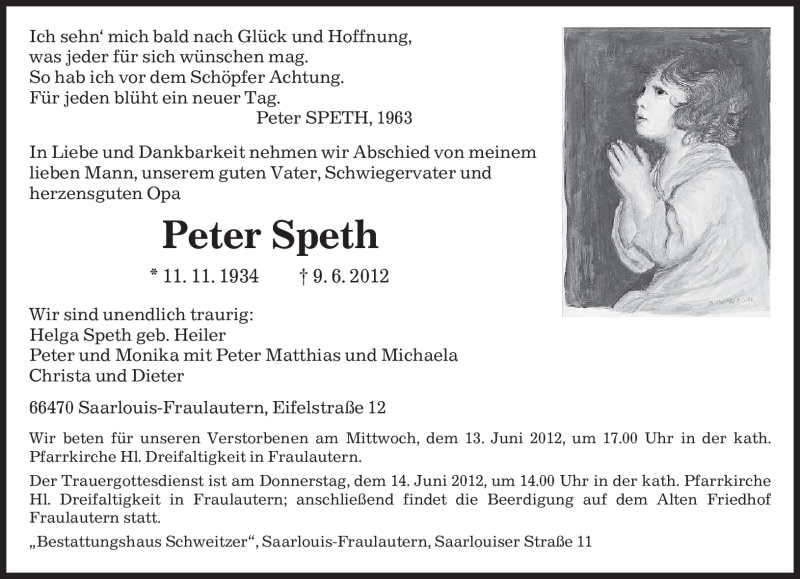  Traueranzeige für Peter Speth vom 12.06.2012 aus SAARBRÜCKER ZEITUNG