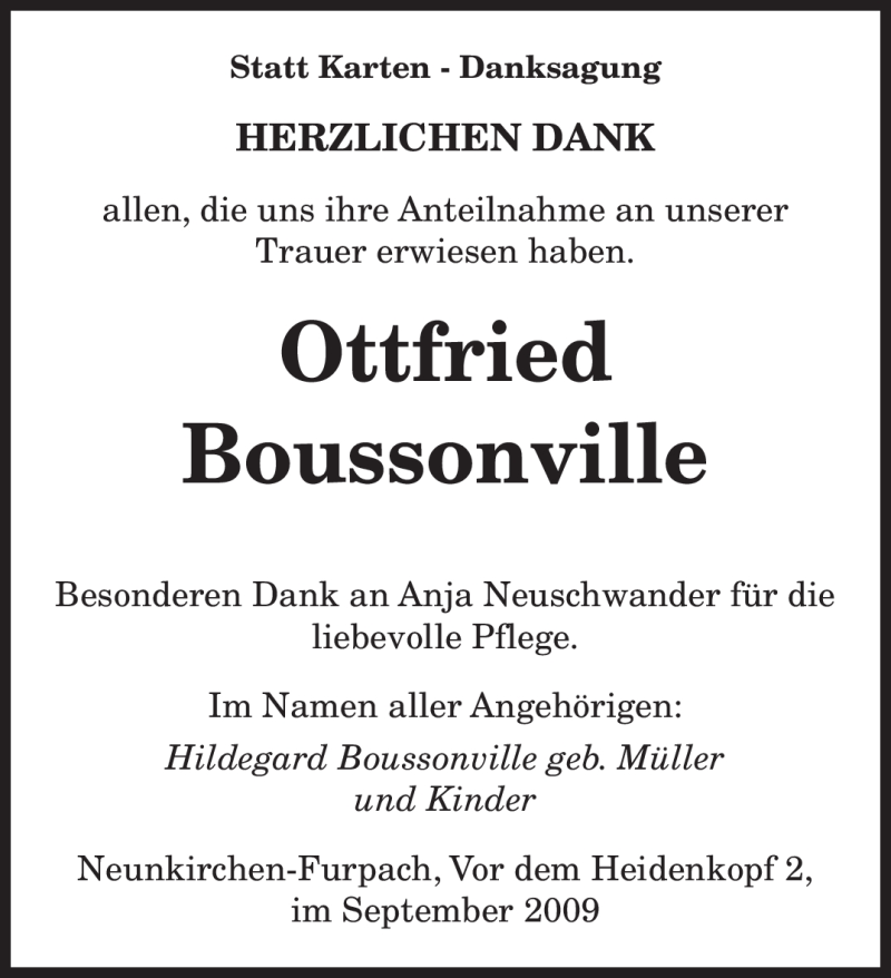  Traueranzeige für Ottfried Boussonville vom 23.09.2009 aus SAARBRÜCKER ZEITUNG
