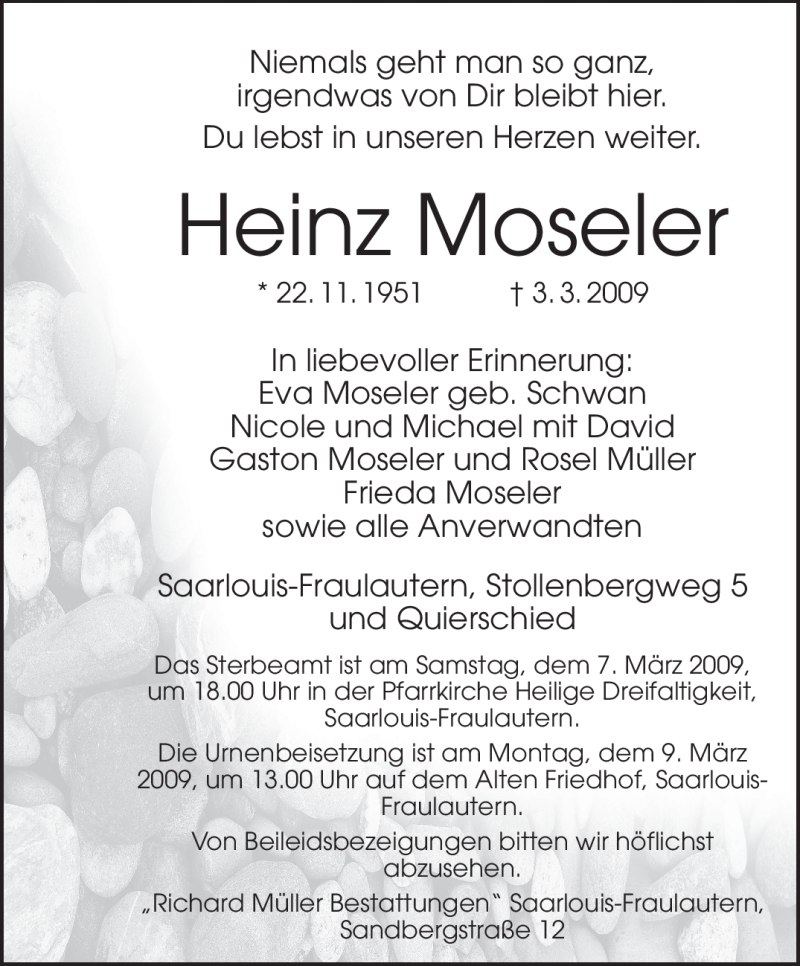  Traueranzeige für Heinz Moseler vom 05.03.2009 aus SAARBRÜCKER ZEITUNG