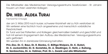 Traueranzeige von Aldea Turai von SAARBRÜCKER ZEITUNG
