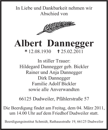 Traueranzeige von Albert Dannegger von SAARBRÜCKER ZEITUNG