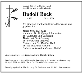 Traueranzeige von Rudolf Bock von SAARBRÜCKER ZEITUNG