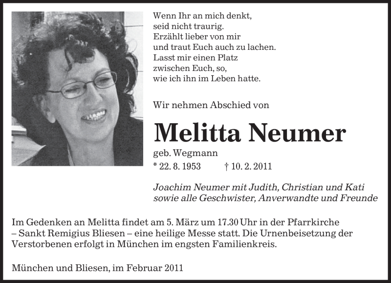  Traueranzeige für Melitta Neumer vom 15.02.2011 aus SAARBRÜCKER ZEITUNG