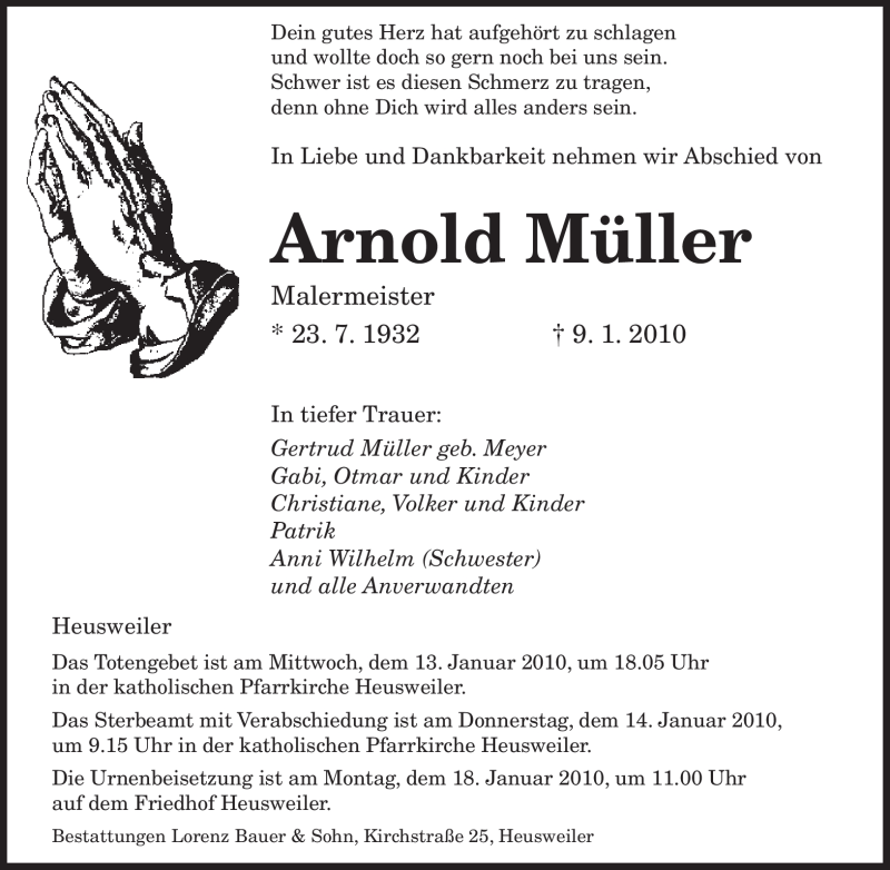 Traueranzeige für Arnold Müller vom 11.01.2010 aus SAARBRÜCKER ZEITUNG